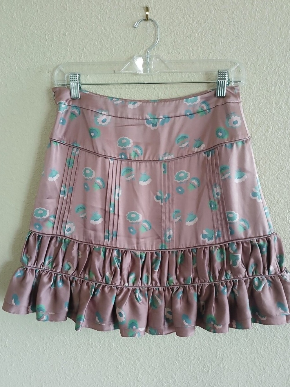Marc Jacobs Mauve 100% Silk Floral Print Ruffled Pintucked Mini Skirt - Picture 5 of 5